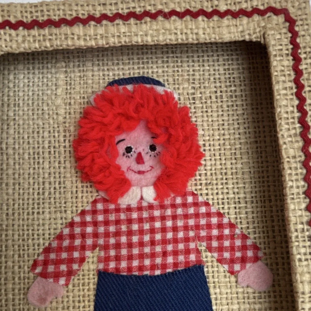 Vintage Raggedy Ann & Andy Burlap  5x7 Gingham set wall art nursery, collectible